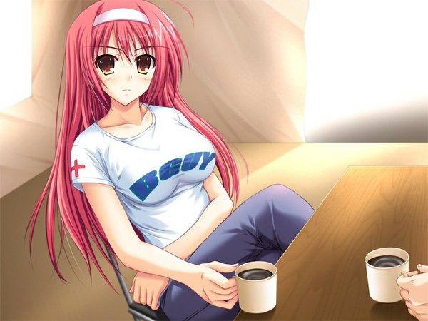 Anime picture 1024x768 with boku to kyoku ane to umi no year (game) long hair yellow eyes game cg red hair girl coffee