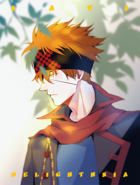 Anime picture 762x1000 with d.gray-man lavi delight hsia single tall image fringe short hair green eyes signed looking away upper body profile orange hair inscription open jacket character names boy jacket hairband scarf