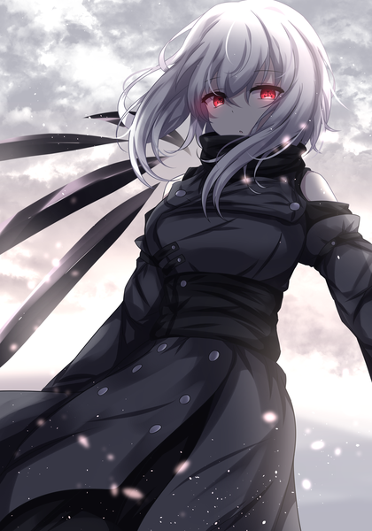 Anime picture 2800x4000 with original kisuzu 14 single tall image looking at viewer fringe highres short hair open mouth hair between eyes red eyes standing payot sky silver hair cloud (clouds) outdoors wind glowing symbol-shaped pupils