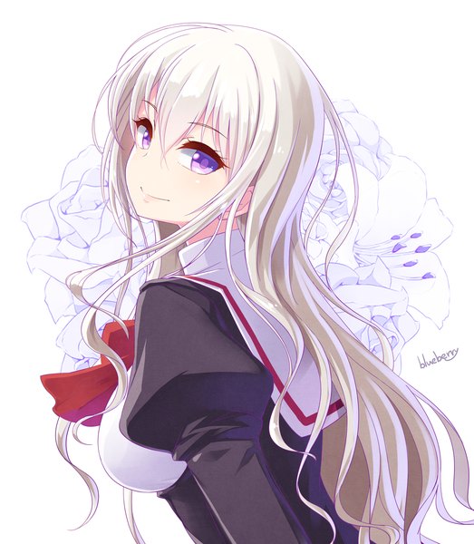 Anime picture 1109x1272 with otome wa boku ni koishiteru otome wa boku ni koishiteru futari no elder feel (studio) kisakinomiya chihaya blueberry (5959) single long hair tall image looking at viewer fringe breasts simple background smile white background purple eyes signed white hair head tilt otoko no ko boy