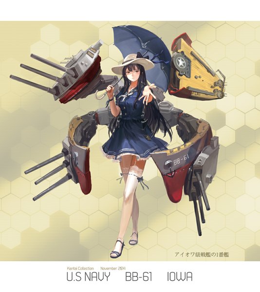 Anime picture 1000x1123 with kantai collection original november (jeanex) single long hair tall image looking at viewer fringe black hair holding zettai ryouiki walking girl thighhighs dress ribbon (ribbons) bow hat white thighhighs umbrella