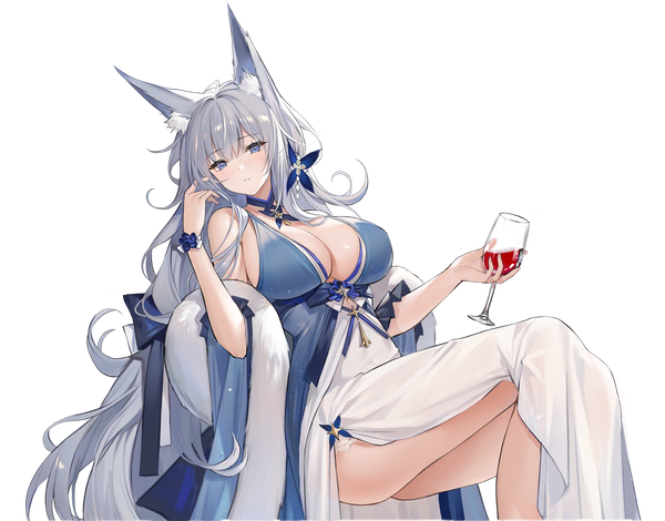 Anime picture 1399x1097 with azur lane shinano (azur lane) shinano (light of the hazy moon) (azur lane) single long hair looking at viewer blush fringe breasts blue eyes light erotic large breasts holding animal ears cleavage silver hair bent knee (knees) official art fox ears official alternate costume