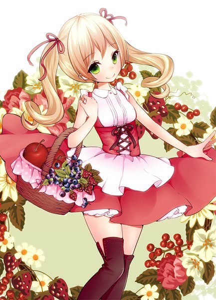 Anime picture 722x1000 with original mintsu (ichi--kun) single long hair tall image looking at viewer blush blonde hair smile twintails green eyes zettai ryouiki girl dress flower (flowers) ribbon (ribbons) hair ribbon food leaf (leaves) thigh boots