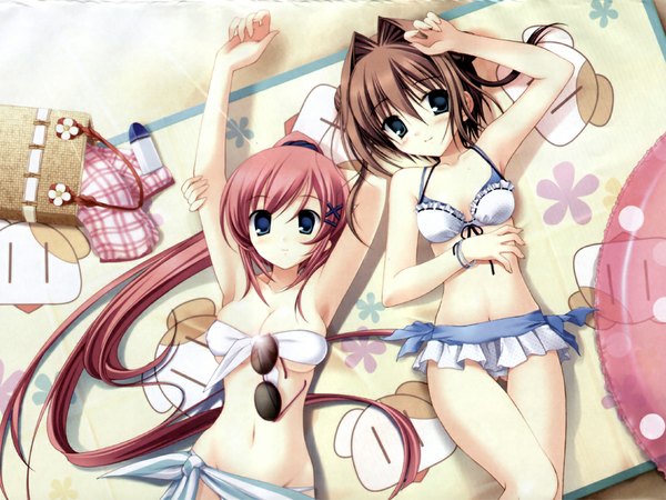 Anime picture 1024x768 with da capo da capo ii asakura yume shirakawa nanaka yaegashi nan tanihara natsuki looking at viewer blush short hair light erotic smile brown hair multiple girls cleavage ponytail red hair lying very long hair from above on back