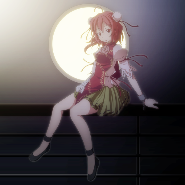 Anime picture 1500x1500 with touhou ibaraki kasen s-syogo single looking at viewer blush short hair red eyes sitting ahoge red hair girl dress ribbon (ribbons) shoes moon chain bandage (bandages) bun cover