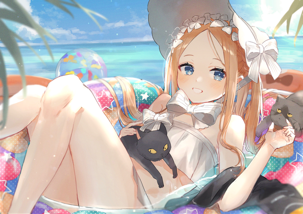 Anime-Bild 4096x2896 mit fate (series) fate/grand order abigail williams (fate) abigail williams (swimsuit foreigner) (fate) oyuyu single long hair looking at viewer blush highres blue eyes blonde hair smile twintails absurdres sky grin partially submerged horizon girl