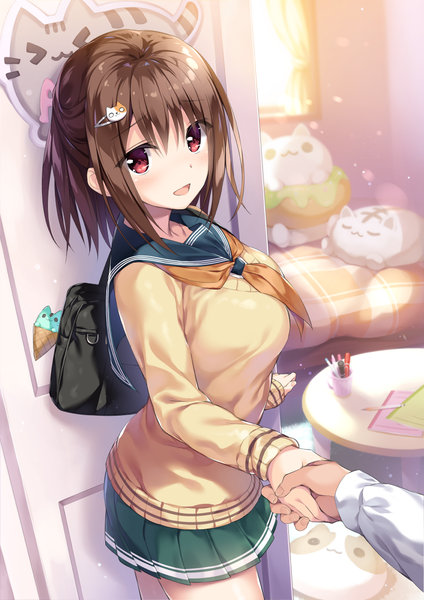 Anime picture 850x1204 with aibeya pusheen the cat (series) hayami aki pusheen the cat oryou tall image looking at viewer blush fringe short hair breasts open mouth smile hair between eyes red eyes brown hair large breasts standing indoors long sleeves