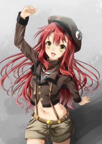 Anime picture 1654x2339 with original inudzuka ringo single long hair tall image fringe open mouth simple background standing yellow eyes red hair grey background bare belly outstretched arm happy girl navel shorts beret suspenders