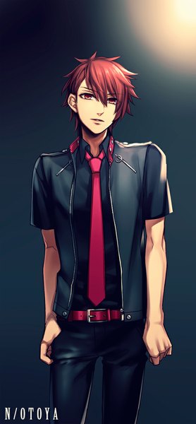 Anime picture 522x1123 with uta no prince-sama a-1 pictures ittoki otoya teinpomu single tall image fringe short hair red eyes standing red hair open clothes open jacket character names dark background boy shirt necktie jacket belt