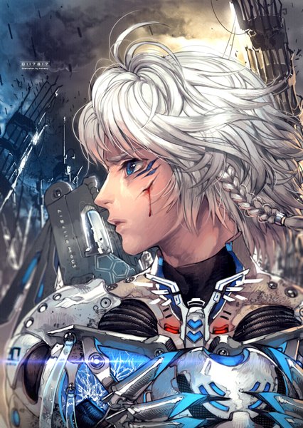 Anime picture 1240x1748 with original kawacy single tall image short hair blue eyes signed silver hair braid (braids) profile inscription facial mark destruction boy armor blood helmet cyborg scratch