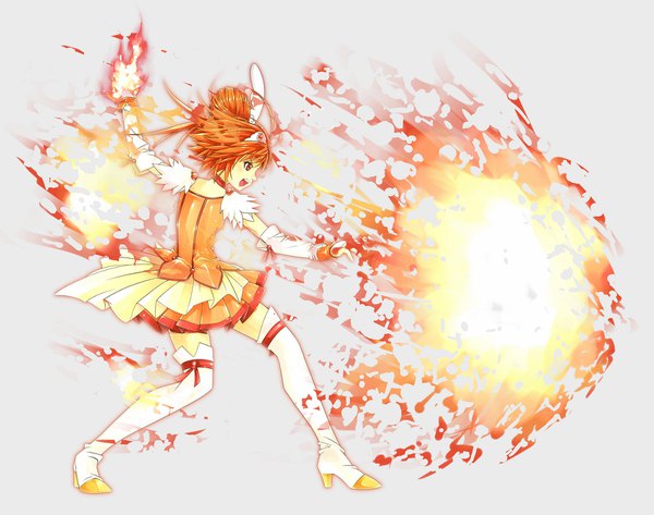 Anime picture 1800x1419 with precure smile precure! toei animation hino akane (smile precure!) cure sunny cai-man single highres short hair open mouth simple background red eyes looking away full body profile orange hair grey background zettai ryouiki magic magical girl