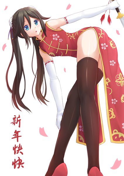 Anime picture 945x1337 with musaigen no phantom world izumi reina kazenokaze single long hair tall image blush open mouth blue eyes light erotic black hair white background twintails traditional clothes chinese clothes new year happy new year girl thighhighs gloves
