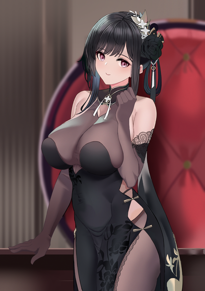 Anime picture 2894x4093 with azur lane chen hai (azur lane) chen hai (vestibule of wonders) (azur lane) tnr (horiko1525) single tall image looking at viewer fringe highres short hair breasts light erotic black hair large breasts standing purple eyes bare shoulders payot indoors traditional clothes