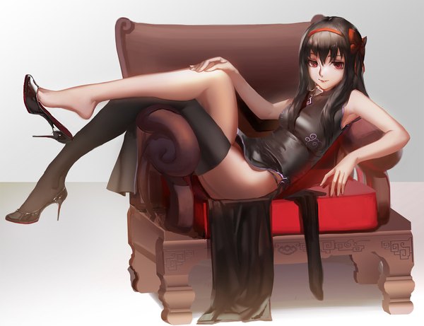 Anime picture 1660x1278 with mahou shoujo madoka magica shaft (studio) akemi homura blackrabbitsoul single long hair looking at viewer light erotic black hair red eyes sitting traditional clothes legs chinese clothes girl thighhighs bow black thighhighs hair bow shoes