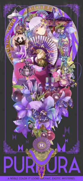 Anime picture 750x1625 with original yuu (arcadia) single long hair tall image looking at viewer purple eyes purple hair dark background girl dress hair ornament flower (flowers) animal insect butterfly fan raccoon