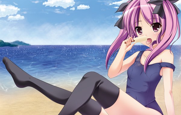 Anime picture 2080x1322 with original runa7 (artist) single long hair highres open mouth light erotic purple eyes twintails sky purple hair cloud (clouds) beach girl thighhighs black thighhighs swimsuit food sweets one-piece swimsuit