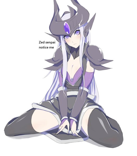 Anime picture 1400x1600 with league of legends syndra kumiko shiba single long hair tall image blush light erotic simple background white background sitting purple eyes looking away silver hair inscription spread legs wariza girl thighhighs black thighhighs