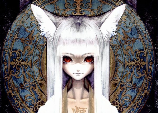 Anime picture 2000x1439 with banpai akira single long hair looking at viewer fringe highres red eyes animal ears white hair traditional clothes japanese clothes light smile fox ears hieroglyph fox girl close-up girl