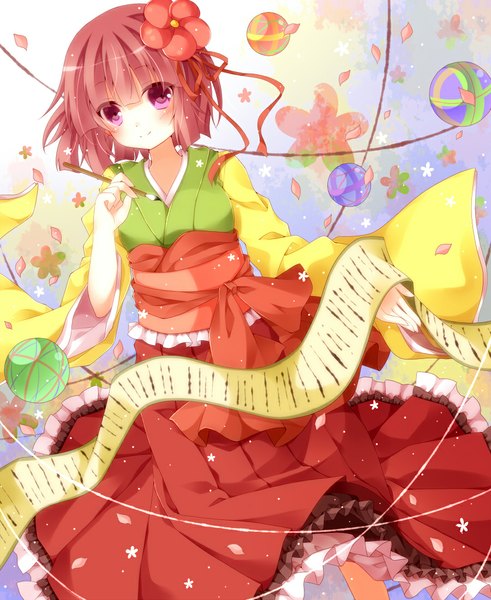 Anime-Bild 900x1100 mit touhou hieda no akyuu mog (artist) single tall image looking at viewer short hair purple eyes purple hair traditional clothes hair flower girl dress hair ornament flower (flowers) petals ball paintbrush calligraphy brush