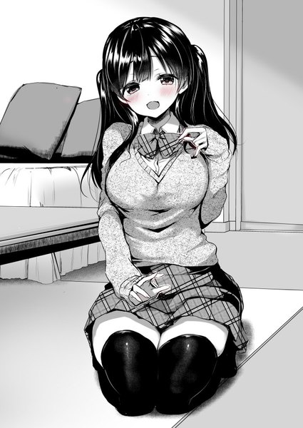 Anime picture 708x1000 with original ayuma sayori single long hair tall image looking at viewer blush breasts open mouth black hair large breasts sitting twintails indoors long sleeves :d black eyes monochrome plaid skirt seiza