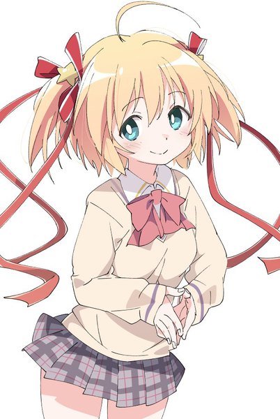 Anime picture 608x907 with little busters! key (studio) kamikita komari ixy single tall image looking at viewer blush fringe short hair simple background blonde hair smile hair between eyes white background ahoge aqua eyes two side up fingers together girl