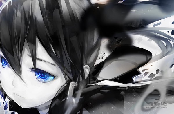 イラスト 2000x1310 と ブラック★ロックシューター black rock shooter (character) el-zheng ソロ 前髪 highres 青い目 黒髪 ツインテール looking away very long hair inscription depth of field 涙 close-up pale skin 女の子 チェーン