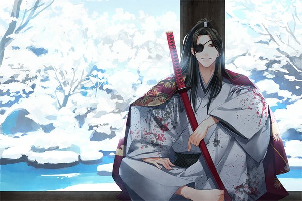 Anime picture 1080x720 with sengoku basara production i.g maeda keiji toti (pixiv) single long hair black hair smile sitting brown eyes traditional clothes japanese clothes barefoot looking up winter snow boy weapon plant (plants) sword