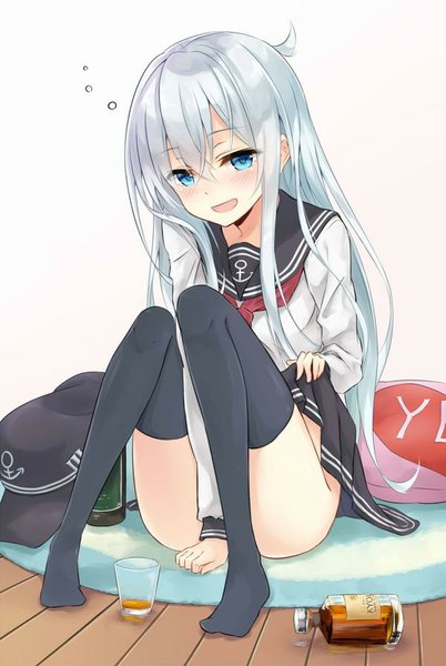 Anime picture 600x895 with kantai collection hibiki destroyer azuuru single long hair tall image looking at viewer blush fringe open mouth blue eyes light erotic smile white background blue hair ahoge girl thighhighs skirt uniform