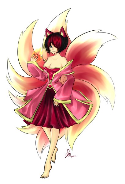 Anime picture 1500x2200 with league of legends ahri (league of legends) single tall image short hair blue eyes simple background white background bare shoulders animal ears animal tail barefoot fox ears multiple tails girl dress fire