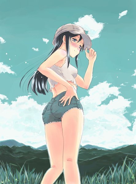 Anime picture 800x1083 with ore no imouto ga konna ni kawaii wake ga nai aragaki ayase mugi t single long hair tall image blush blue eyes light erotic black hair smile standing bare shoulders sky cloud (clouds) looking back from behind bare belly from below mountain