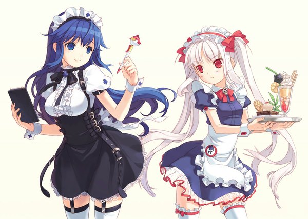 Anime picture 1054x751 with pangya kooh arin long hair blue eyes smile red eyes standing multiple girls blue hair white hair maid vector girl thighhighs uniform 2 girls food headdress sweets