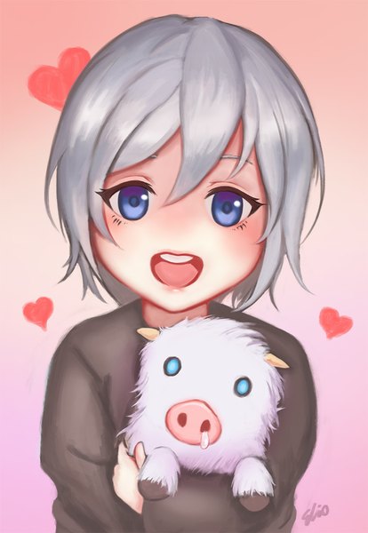 Anime picture 691x1000 with league of legends sejuani (league of legends) eliskalti single tall image looking at viewer fringe short hair open mouth blue eyes simple background smile grey hair hug girl animal heart sweater