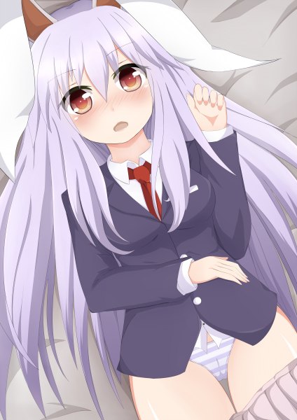 Anime picture 1696x2400 with touhou reisen udongein inaba masa masa long hair tall image blush open mouth light erotic red eyes purple hair lying bunny ears girl underwear panties