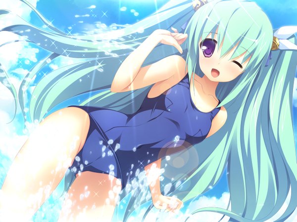 Anime picture 1333x1000 with osananajimi wa daitouryou (game) light erotic purple eyes twintails game cg one eye closed green hair wink girl swimsuit one-piece swimsuit school swimsuit