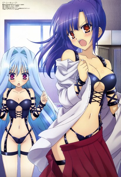 Anime picture 4097x5942 with cube x cursed x curious megami magazine silver link fear kubrick ueno kirika long hair tall image blush highres open mouth light erotic red eyes multiple girls blue hair absurdres cleavage purple hair official art girl 2 girls