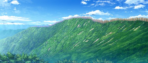 Anime picture 1870x800 with shoujo shin'iki highres wide image game cg sky cloud (clouds) mountain no people landscape plant (plants) wall