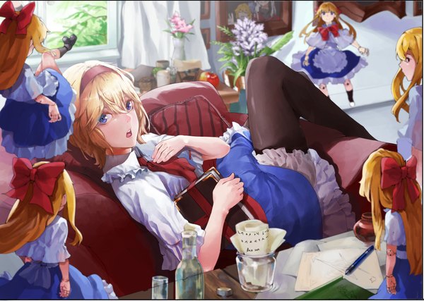 Anime picture 3969x2827 with touhou alice margatroid shanghai banssee long hair looking at viewer highres short hair open mouth blue eyes blonde hair standing absurdres lying looking back sunlight back drawing girl flower (flowers)