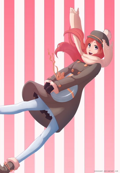 Anime picture 1200x1724 with bleach studio pierrot inoue orihime zeroooart single long hair tall image open mouth smile pink eyes orange hair coloring striped striped background girl gloves pantyhose scarf gift cap