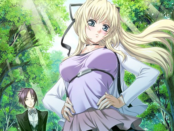 Anime picture 1024x768 with haruiro communication engyouji youko long hair blonde hair game cg black eyes girl boy