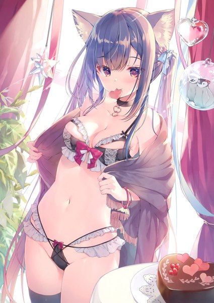 Anime picture 2093x2952 with original miwabe sakura single tall image looking at viewer blush fringe highres breasts light erotic large breasts standing twintails holding brown eyes animal ears payot cleavage indoors very long hair