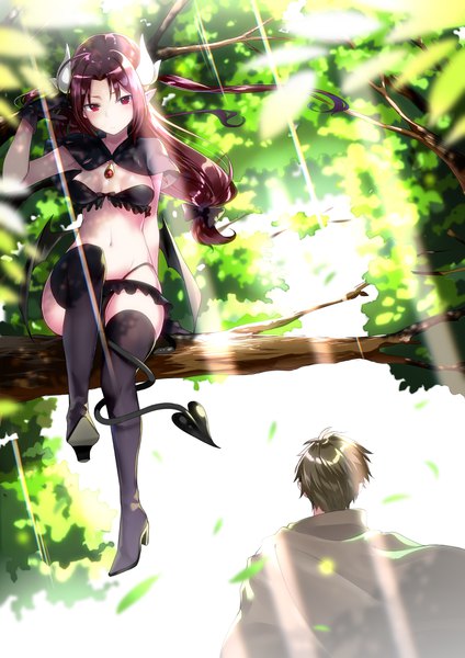 Anime picture 2935x4151 with original nishimi shin long hair tall image looking at viewer blush highres short hair light erotic red eyes brown hair bent knee (knees) tail horn (horns) wind pointy ears sunlight arm support bare belly adjusting hair