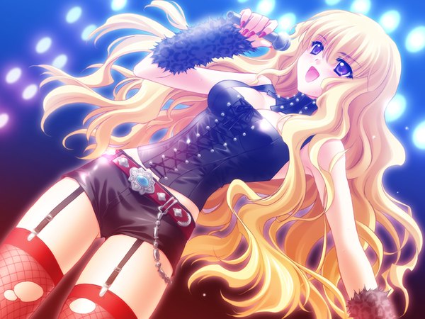 Anime picture 1200x900 with koge to lilith no nachtmusik (game) long hair light erotic blonde hair purple eyes game cg girl thighhighs microphone torn thighhighs