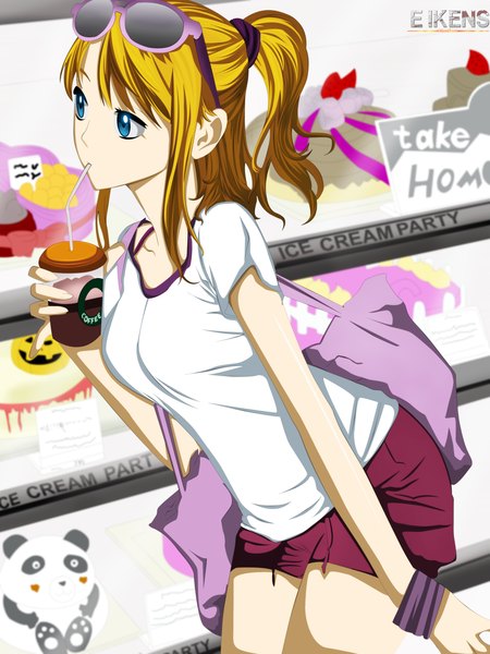 Anime picture 2500x3336 with the breaker eikens single long hair tall image highres blue eyes blonde hair ponytail coloring drinking girl uniform shorts sweets bag sunglasses gym uniform cake disposable cup
