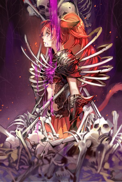 Anime picture 2352x3500 with original longyu single long hair tall image fringe highres blue eyes animal ears ponytail red hair profile tears skeleton skull and crossbones girl armor spaulder (spaulders)