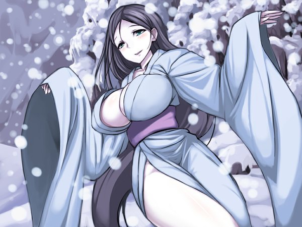 Anime picture 1024x768 with original kokuyo ishi (artist) long hair looking at viewer breasts blue eyes light erotic black hair large breasts long sleeves japanese clothes snowing winter snow girl yukata
