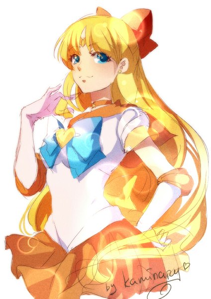 Anime picture 707x1000 with bishoujo senshi sailor moon toei animation aino minako sailor venus kaminary single long hair tall image blue eyes simple background blonde hair smile white background signed looking away hand on hip girl gloves bow hair bow