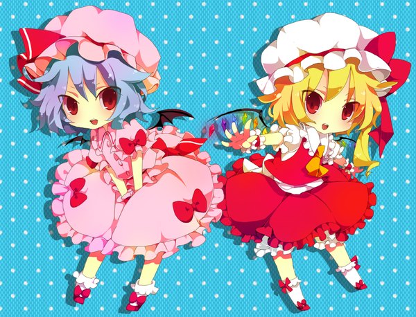 Anime picture 1253x958 with touhou flandre scarlet remilia scarlet utaoka (23com) looking at viewer blush short hair open mouth blonde hair red eyes multiple girls blue hair one side up spread arms blue background chibi polka dot siblings sisters polka dot background