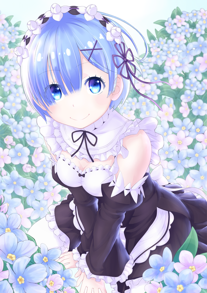 Anime picture 905x1280 with re:zero kara hajimeru isekai seikatsu white fox rem (re:zero) budda single tall image looking at viewer blush fringe short hair breasts blue eyes smile hair between eyes sitting bare shoulders cleavage bent knee (knees) blunt bangs from above