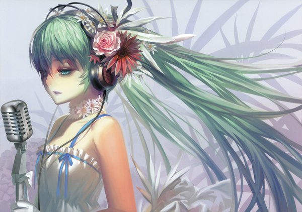Anime picture 4292x3023 with vocaloid hatsune miku alphonse (white datura) single long hair highres twintails bare shoulders green eyes absurdres hair flower aqua eyes green hair aqua hair girl dress hair ornament flower (flowers) white dress headphones