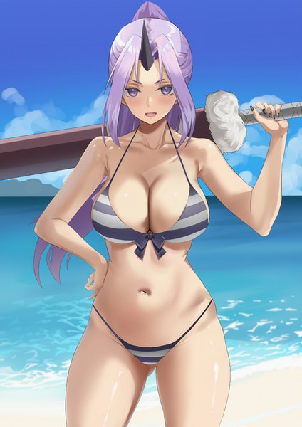 Anime picture 827x1169 with tensei shitara slime datta ken 8bit shion (tensei shitara slime datta ken) kesoshirou single long hair tall image looking at viewer breasts open mouth light erotic smile large breasts standing purple eyes holding payot sky purple hair cloud (clouds)